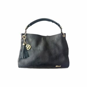 Metrocity Black Leather Embossed Shoulder Bag with Tassel Charm